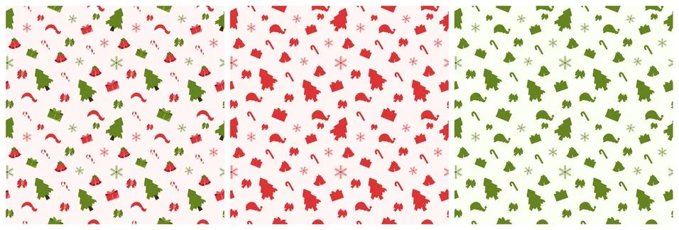 Set of Christmas Background Seamless Pattern With Santa Claus, Tree, Socks, S Stock Illustration