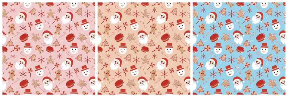 Set of Christmas Background Seamless Pattern With Santa Claus, Tree, Socks, S Stock Illustration