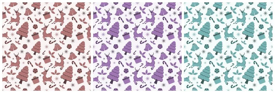 Set of Christmas Background Seamless Pattern With Santa Claus, Tree, Socks, S Stock Illustration