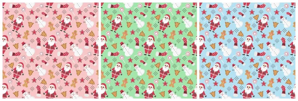 Set of Christmas Background Seamless Pattern With Santa Claus, Tree, Socks, S Illustrazione stock