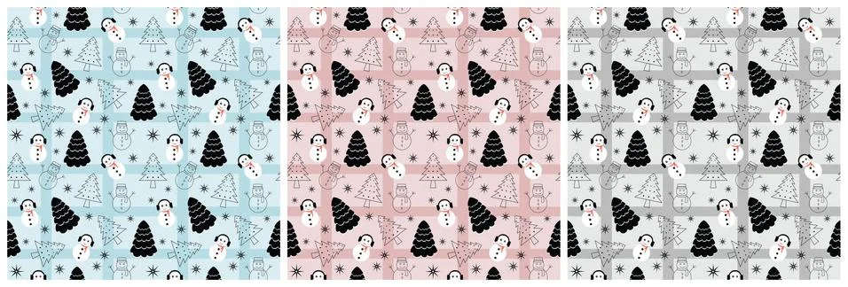 Set of Christmas Background Seamless Pattern With Santa Claus, Tree, Socks, S Stock Illustration