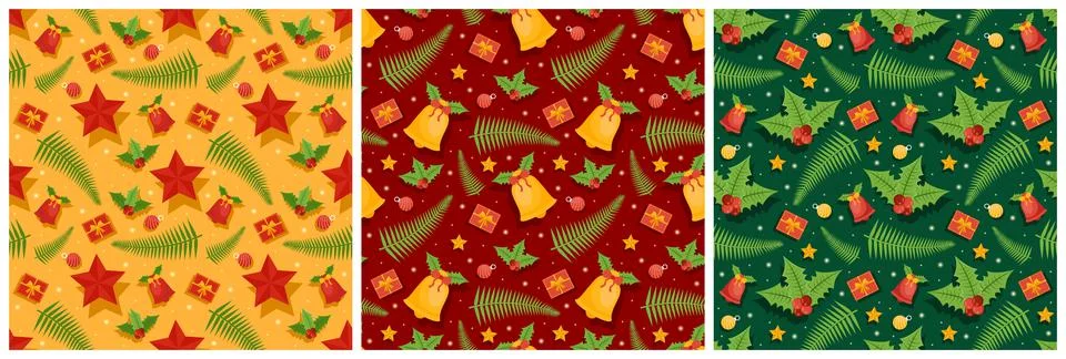Set of Christmas Background Seamless Pattern Design With Santa Claus, Tree, S Stock Illustration