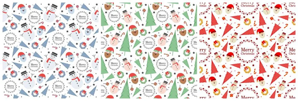 Set of Christmas Background Seamless Pattern Design With Santa Claus, Tree, S 스톡 일러스트