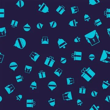 Set Christmas ball, Envelope, ringing bell and Gift box on seamless pattern Stock Illustration