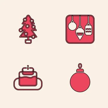 Set Christmas ball, tree, lights and Cake icon. Vector Stock Illustration