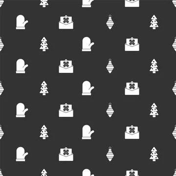 Set Christmas ball, tree, mitten and postcard on seamless pattern. Vector Stock Illustration