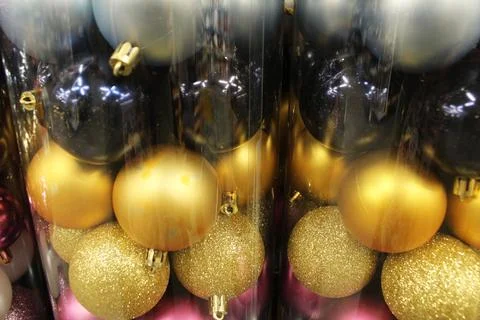 Set of Christmas balls in boxes close-up Stock Photos