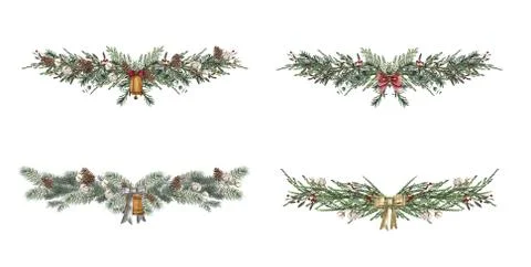 Set of christmas border design elements, floral garland Stock Illustration
