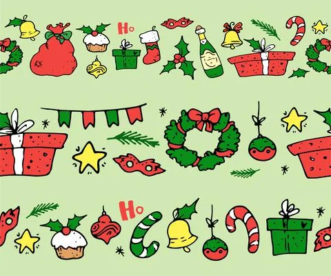 A set of Christmas border in a flat style. Isolated collection long seamless Stock Illustration