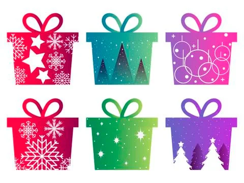 Set of Christmas boxes with a pattern and gradient. Icons isolated on white b 스톡 일러스트