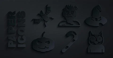 Set Christmas candy cane, Witch hat, Pumpkin, Owl bird, Zombie mask and Fly.. Stock-Illustration