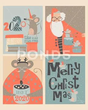 Set of Christmas cards with cute mouse and Santa Claus Stock Illustration