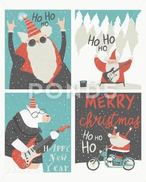 Set of Christmas cards with rock n roll Santa Claus Stock Illustration
