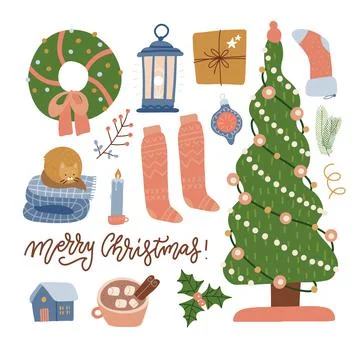 Set of christmas celebration elements - tree, gifts, toys, lantern, clothes and イラスト素材