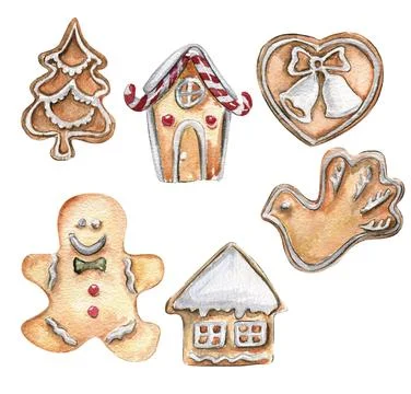 A set of Christmas cookie. Hand drawn watercolor illustration of pastry in .. Stock Illustration