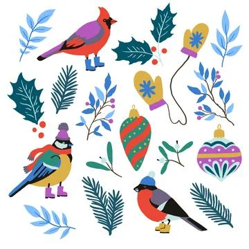Set of Christmas cute design elements, Christmas tree toys, winter birds, f.. Stock Illustration
