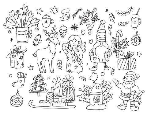 Set with Christmas decorations doodle vector line art. Stock Illustration