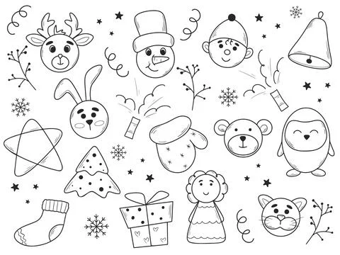 Set Christmas design elements in doodle style Stock Illustration