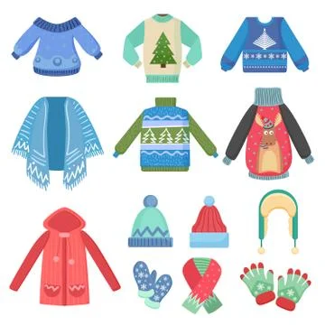 Set of christmas design warm winter clothes. Scarf, winter hat, coat and hats Illustrazione stock