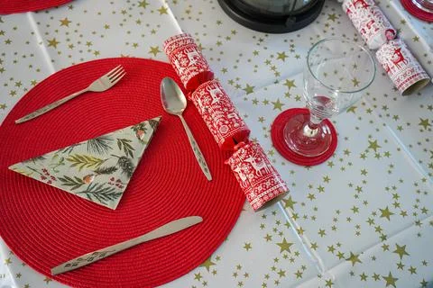 Set up Christmas dinner table set 写真素材