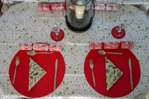 Set up Christmas dinner table set Stock Photos