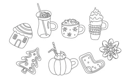 Set with Christmas drinks and sweets in doodle sketch style. Stock Illustration