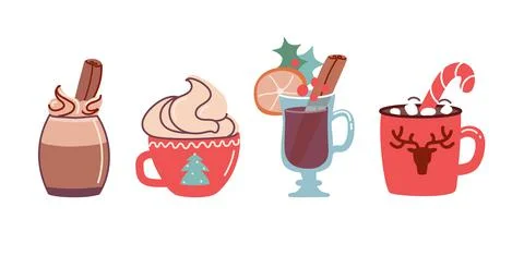 Set of Christmas drinks cocoa with marshmallows and hot chocolate and mulled Stock Illustration