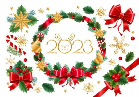Set of Christmas elements. Bows, snowflakes, wreath, fir branches, 2023 logo  Illustrazione stock