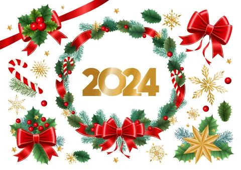 Set of Christmas elements. Bows, snowflakes, wreath, fir branches, 2024 year  Stock Illustration