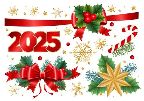 Set of Christmas elements. Bows, snowflakes, fir branches, berries, 2025 ye.. 스톡 일러스트