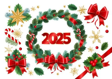 Set of Christmas elements. Bows, snowflakes, wreath, fir branches, berries,.. Stock Illustration