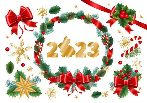 Set of Christmas elements. Bows, wreath, fir branches, 2023 logo with rabbit. Stock Illustration