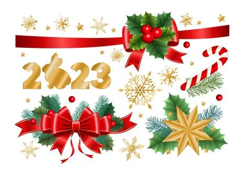 Set of Christmas elements. Bows, wreath, fir branches, 2023 logo with rabbit. Stock Illustration