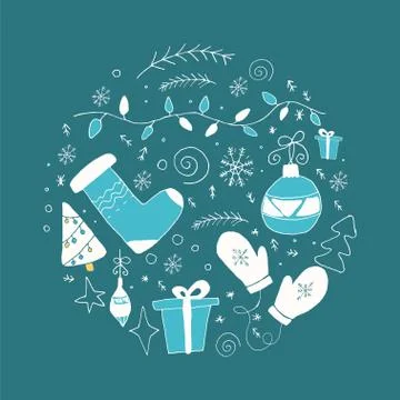 Set of christmas elements in circle in blue and white colors. Stock Illustration