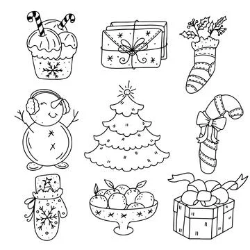 Set of Christmas elements in doodle style, New Year's illustrations for greet Stock Illustration