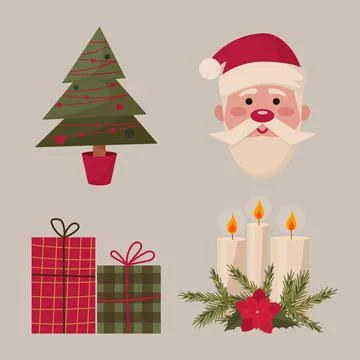 Set of christmas elements santa claus christmas tree gifts and candles Stock Illustration