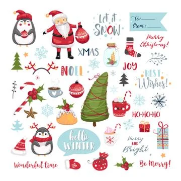 Set of Christmas elements. Snowflakes, Santa Claus, christmas tree, gifts Stock Illustration