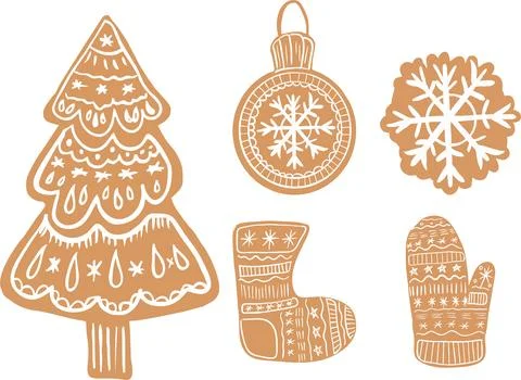 A set of Christmas elements in the style of gingerbread Stock Illustration
