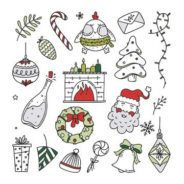 Set Christmas elements vector Illustration Doodle isolated on white Backgroun Stock Illustration