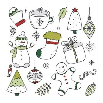 Set Christmas elements vector Illustration Doodle isolated on white Backgroun Stock Illustration