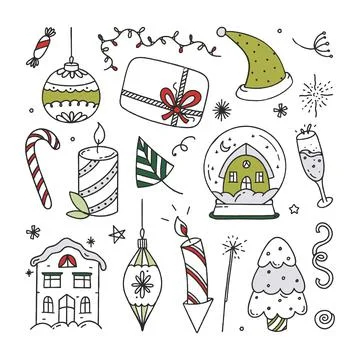 Set Christmas elements vector Illustration Doodle isolated on white Backgroun Illustrazione stock