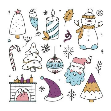 Set Christmas elements vector Illustration Doodle isolated on white Backgroun 스톡 일러스트