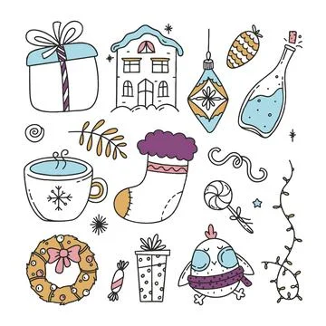 Set Christmas elements vector Illustration Doodle isolated on white Backgroun Stock Illustration