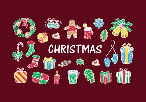 Set of Christmas elements with white outline on burgundy background Stock Illustration