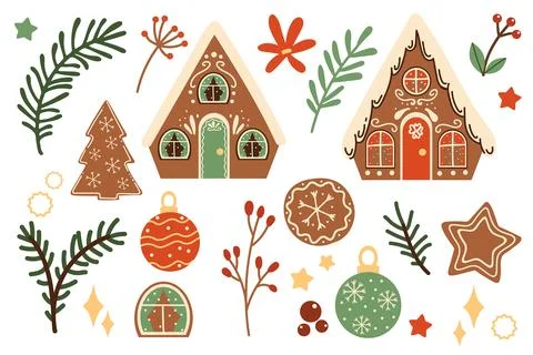Set of Christmas elements, a winter set of cookies, and gingerbread. Stock Illustration