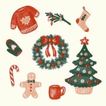 Set of Christmas festive elements for design. Christmas tree, gingerbread man Stock Illustration
