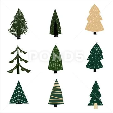 Set Christmas forest tree fir-tree icon. Simple doodles black white illustration Stock Illustration