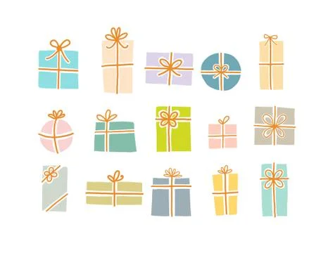 Set of christmas gift boxes in soft pastel colors on white background. Illustrazione stock