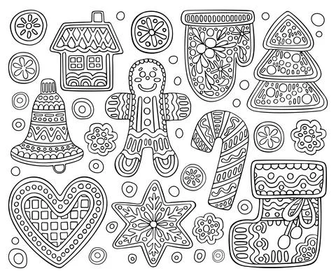 Set of Christmas gingerbread vector coloring page. Festive sweet man, sock, h Stock Illustration
