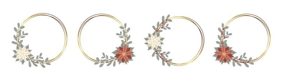 Set Christmas gold frames with red and white poinsettia flower.Design for N.. Illustrazione stock